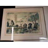 Jeremy King signed print Punting on the river by a bridge Oxford or Cambridge ? Framed, mounted