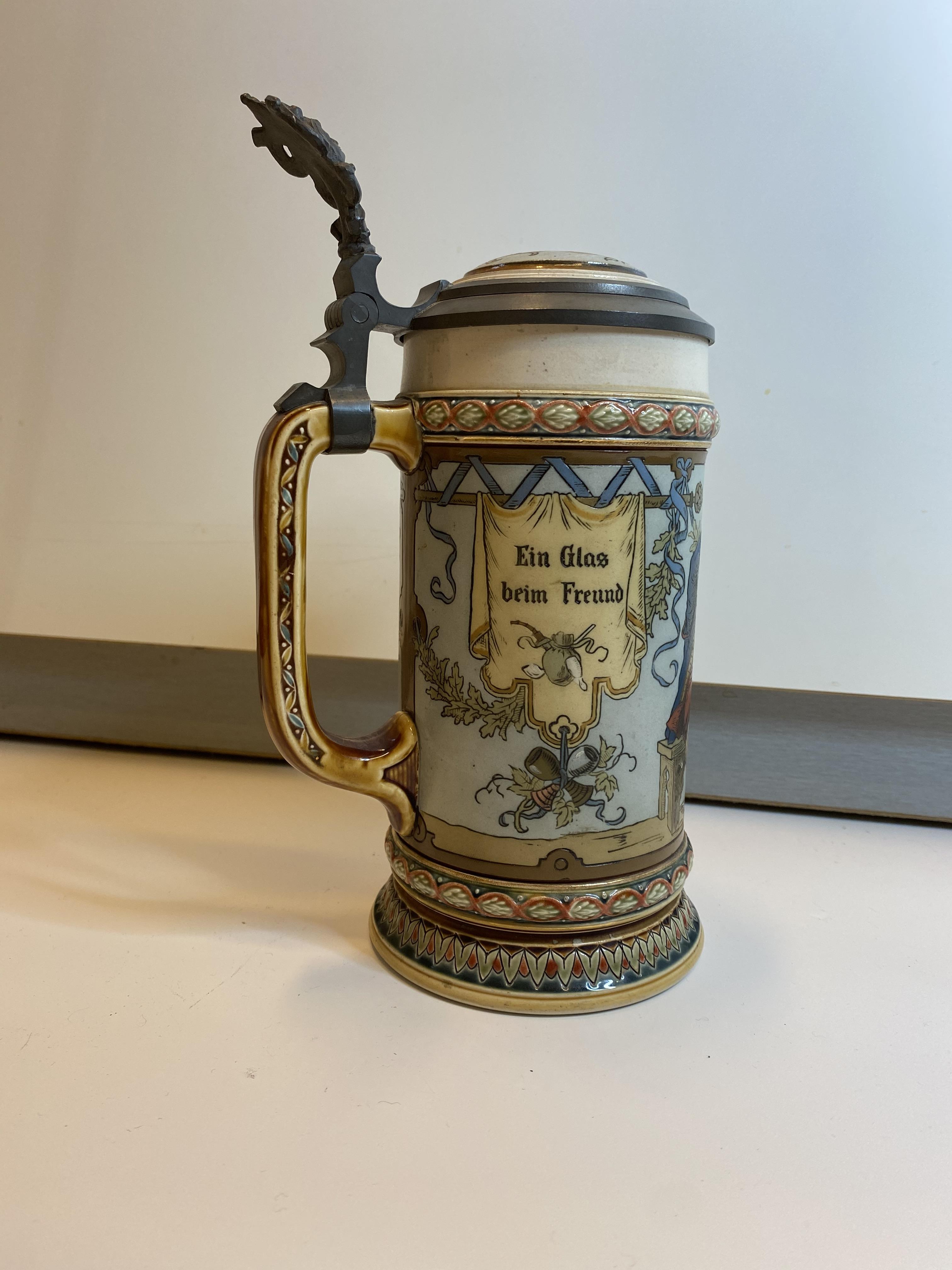 Antique Villeroy & Boch lidded German "MettLach" Beer Stein tankard. circa 1890s Signed C.Warth - Image 6 of 21