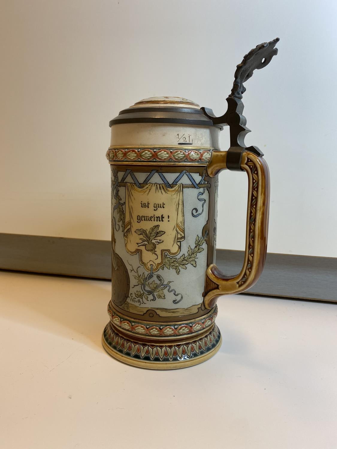 Antique Villeroy & Boch lidded German "MettLach" Beer Stein tankard. circa 1890s Signed C.Warth - Image 5 of 21