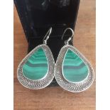 Pair of silver and malacite pear shaped drop earrings