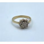 9ct yellow gold cluster ring with 0.5ct diamonds, weight 2g and size J