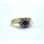 18ct gold ring with sapphire and diamonds, weight 2.8g and size I