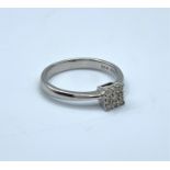 9ct white gold ring with square cluster of 9 diamonds, weight 2.2g and size L