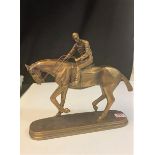 Bronzed Equestrian racing horse with rider signed O.Tupfon , L34 x H31 x W9cm