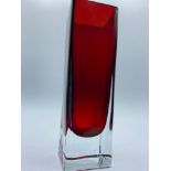 Murano / Sommerso hand blown studio art glass square clear & red vase size 18cm H x 6cm W