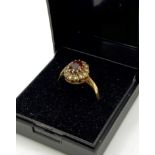 9ct yellow gold ring with garnet centre stone surrounded by small diamonds, weight 2.1g and size S