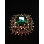 Stone set silver ring having a Zircon cluster with green cushion stone atop, Cathedral mount, silver