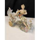 Large ceramic ornament of lady on swan carriage, H18cm x W28cm possibly Capodimonte or Sitzendorf?