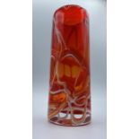 Italian style hand blown red glass case. Cylindrical vase with orange & white drizzle overlay