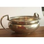 Antique silver sugar bowl, a twin handled shallow bowl with a clear hallmark showing Roberts and