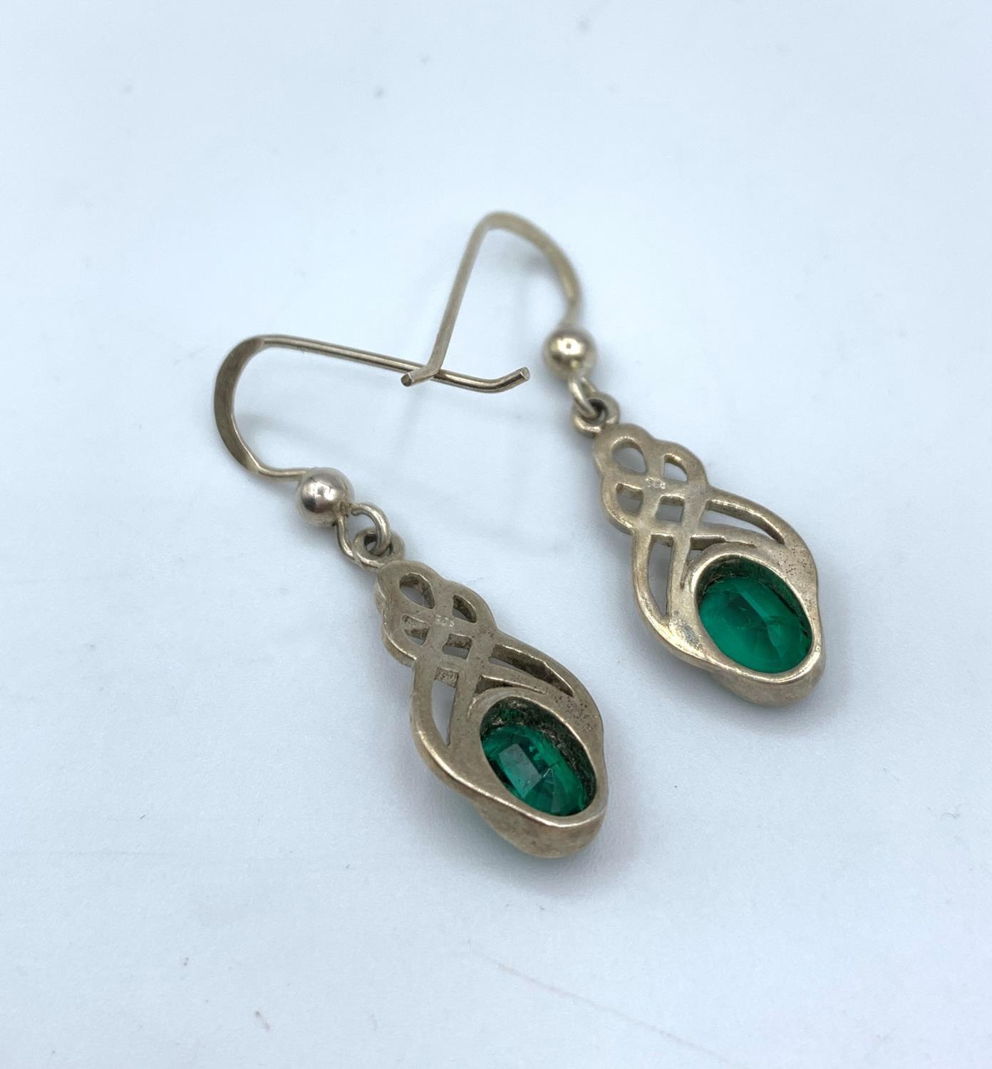 A Pair of Silver Drop Earring with Green Stone. - Image 2 of 2