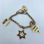 A 9ct rose gold charm bracelet with 2x18ct and 1x14ct Israeli enamelled charms. Weighing 14g and the