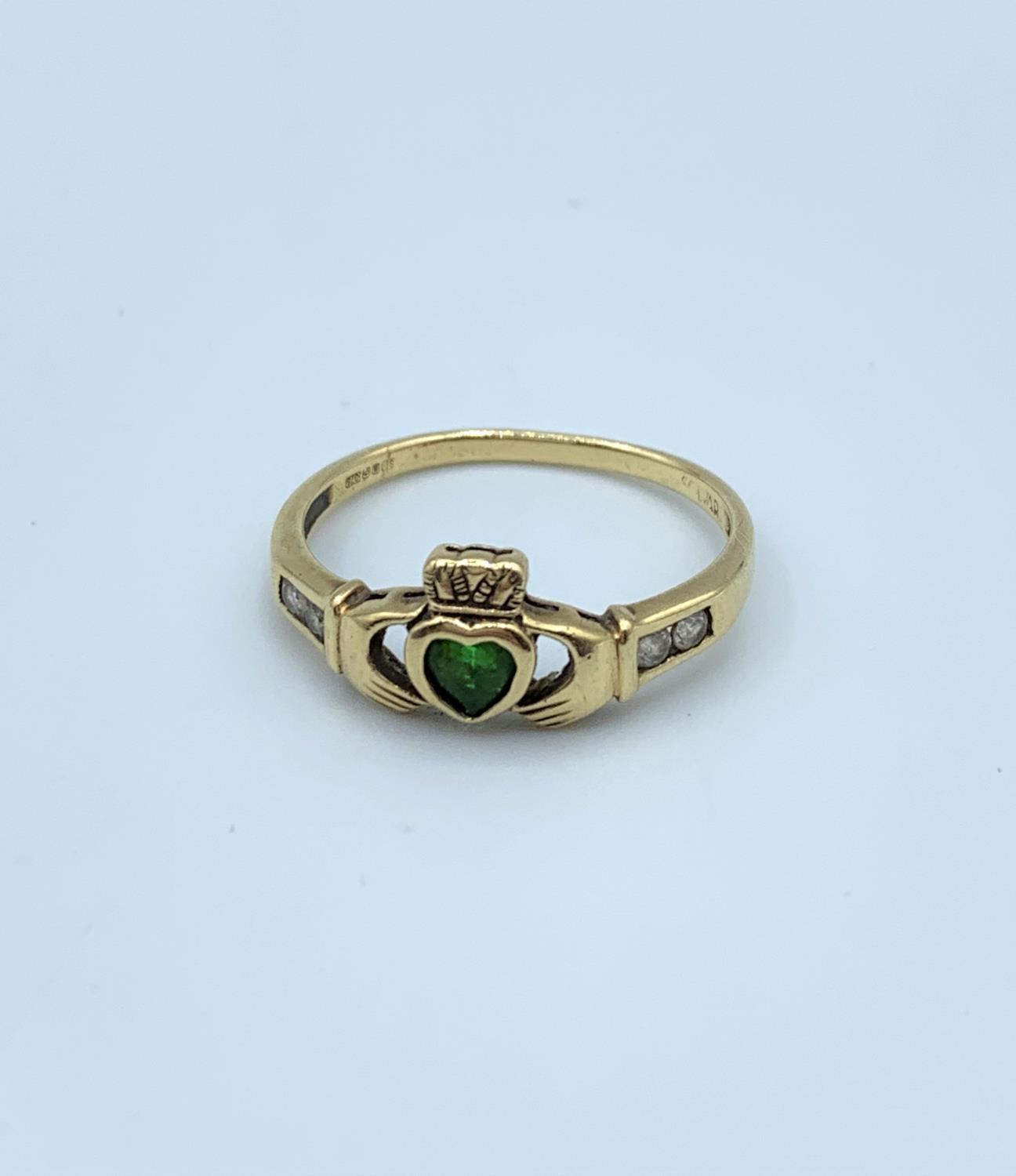 A 9ct claddagh ring with emerald and diamonds size R, weighing 2g. - Image 3 of 3