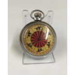 Vintage spinning gaming pocket watch with a horse racing design on the face, in working order.