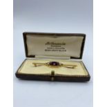Antique 15ct Bar Brooch with Amethyst and Seed Pearls in Original Box 3.7g, 5.5cm