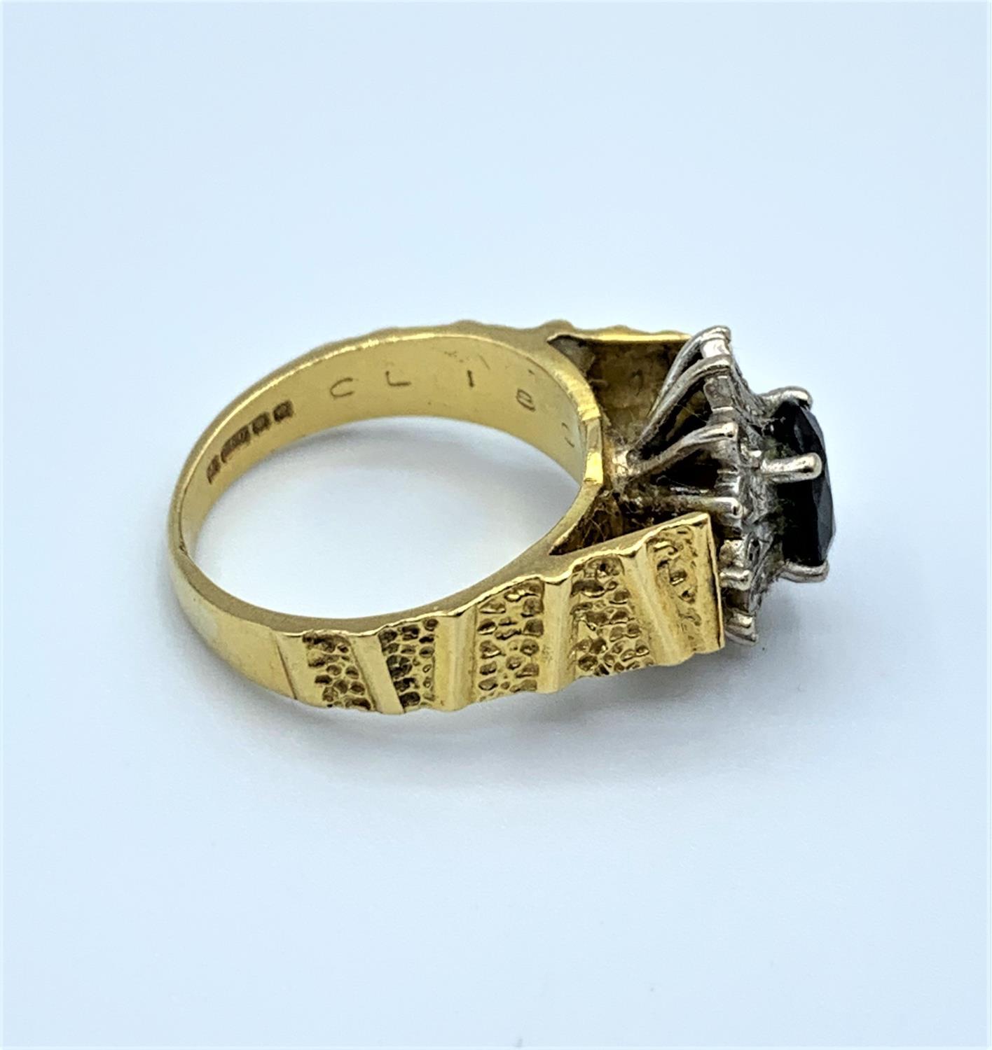 18ct yellow gold ring with grooved shoulders and claw set black centre surrounded by small diamonds, - Image 2 of 4