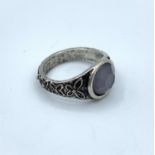 Vintage Silver Engraved Ring with Lilac Stone. 4.5g, Size R/S.