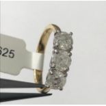 18ct yellow gold ring with 3 diamonds (approx 1.5ct), weight 3.8g and size L1/2 (ECN 625)