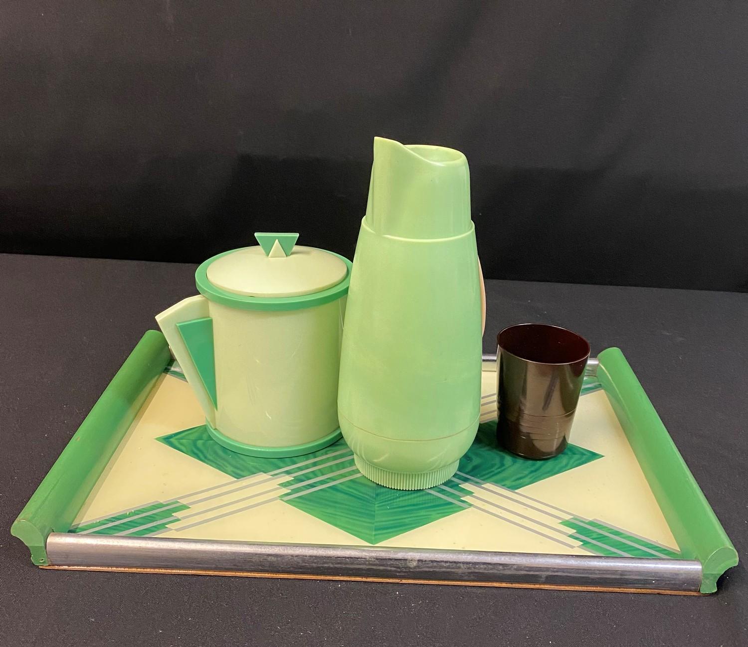 Vintage Art Deco style set, to include rare Lime green Vacco flask lidded sugar pot, green cream and