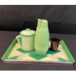Vintage Art Deco style set, to include rare Lime green Vacco flask lidded sugar pot, green cream and