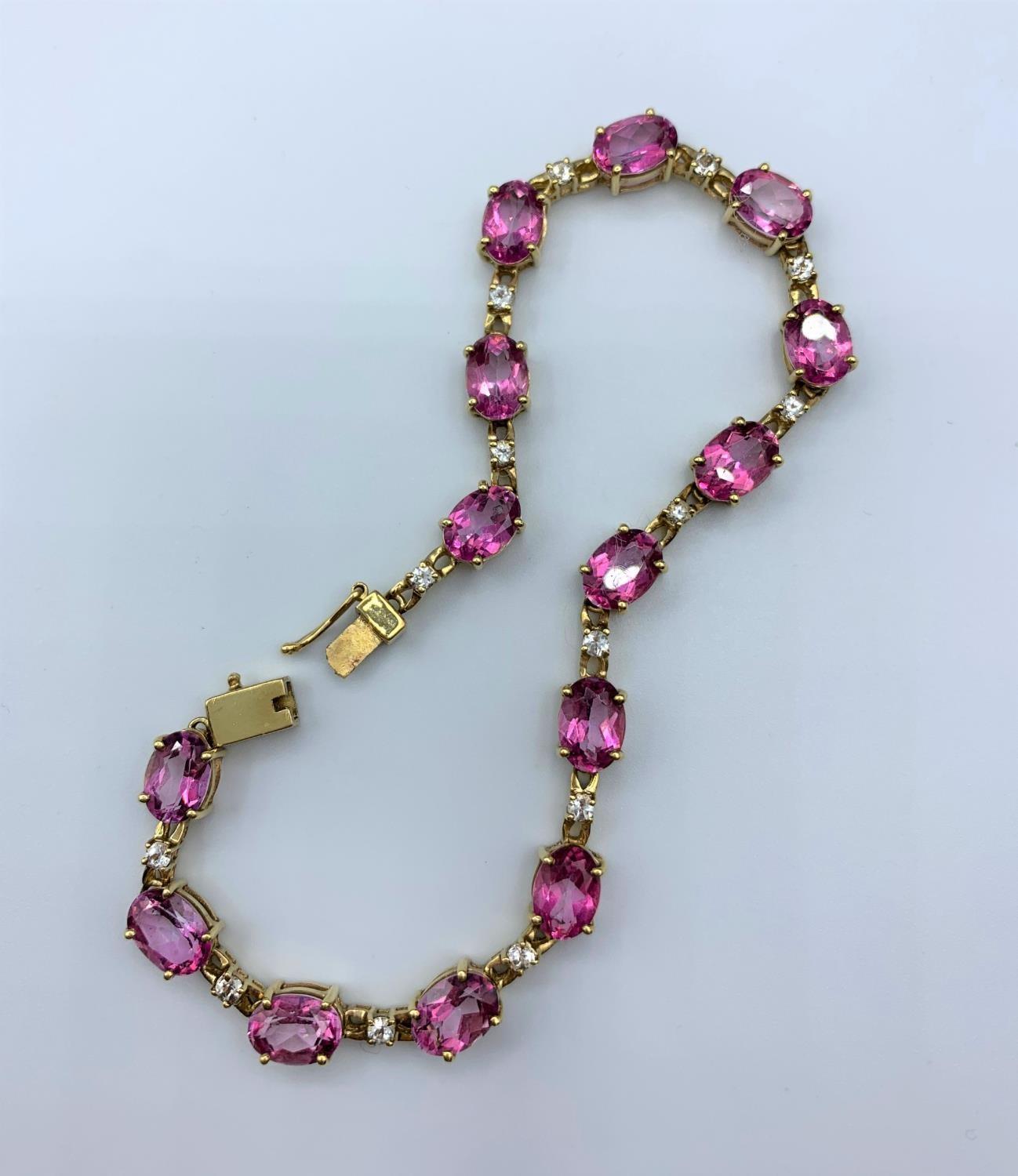 9ct gold attractive bracelet with pink stones, approx 15cm long and weight 8.5g - Image 7 of 8