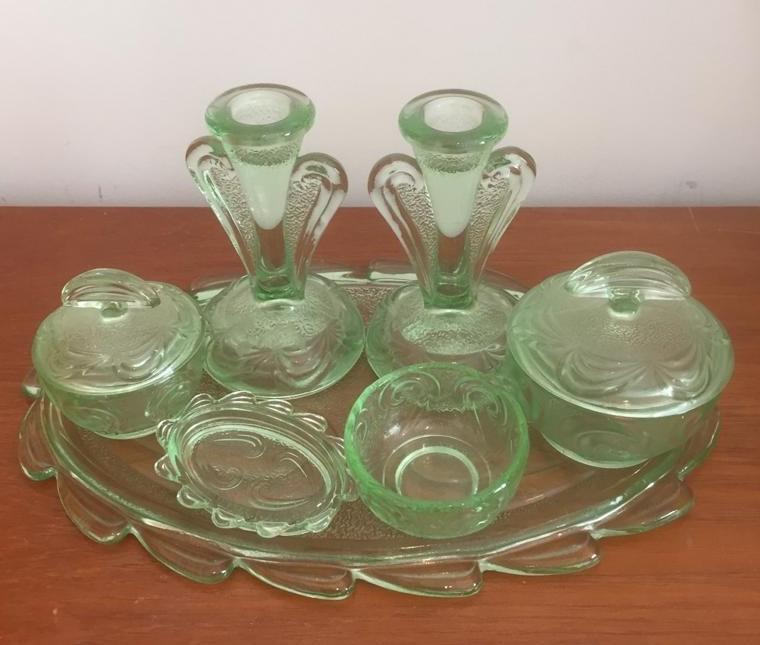 Art Deco 1930's Green Glass Dressing Table Set. Consisting: Pair Candlesticks, Powder Jar with