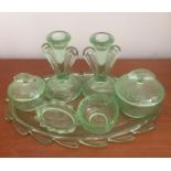Art Deco 1930's Green Glass Dressing Table Set. Consisting: Pair Candlesticks, Powder Jar with