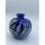 Cobalt blue and yellow studio art glass vase/bottle with undecipherable signature 9cm D x 18cm W 4cm