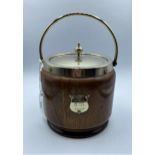 Oak cased ceramic lined English ice bucket or cookie jar, silver plated cartouche dated 1919 made by