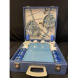 Vintage 1970s boxed Brexton picnic set hard case with 2 x vintage Blue tartan Thermos flasks