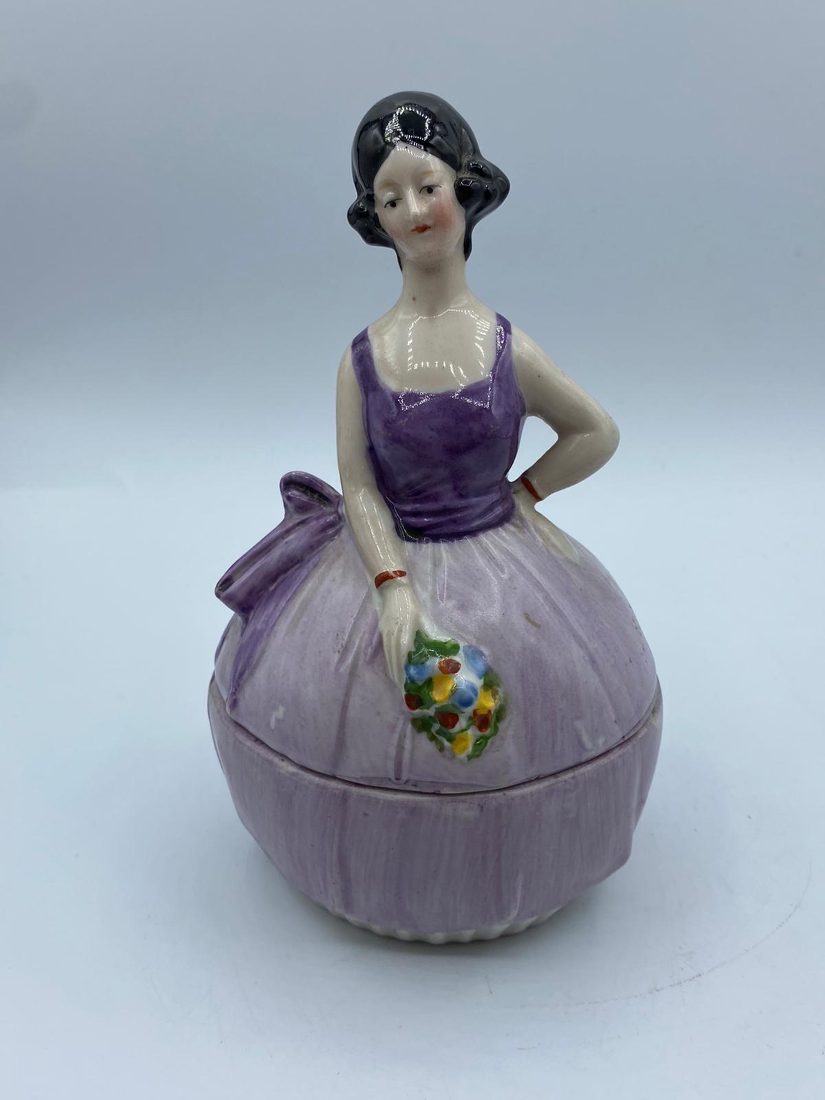 Vintage pair of Ceramic powder boxes in the form of ladies in orange and purple ballgown dresses - Image 17 of 20