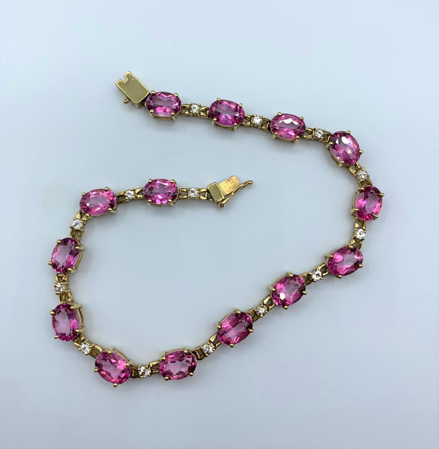 9ct gold attractive bracelet with pink stones, approx 15cm long and weight 8.5g - Image 2 of 8