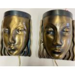 2 x Art Deco Revival Female Face Mask bronzed metal wall sconce lights. Reproductions of an original