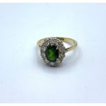 18k yellow gold vintage ring with big green stone centre and 5 diamonds surround, size N1/2 and