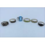 Selection of 6x silver rings with various stones, weight total 26g approx