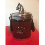 Vintage Ice Bucket with horses head to lid, covered in faux leather and having stirrups to sides