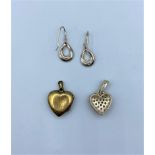 Mixed lot of 2 silver heart pendants and 1 pair of silver earrings, weight total 8.5g approx