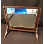 Antique tilt dressing mirror on wooden stand, with brass finials 45cm x 42cm