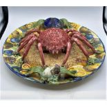 Vintage hand painted Majolica Palissy crab and oyster wall plaque W 34cm x L 34cm