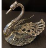 Continental 925 silver Swan caviar / sweet dish with articulated hallmarked silver wings, 14x13cm