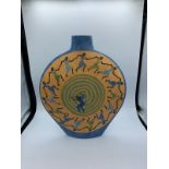 Judy Jelfs signed studio pottery vase. Olympic Game 1997. Beautifully decorated with blue ground and