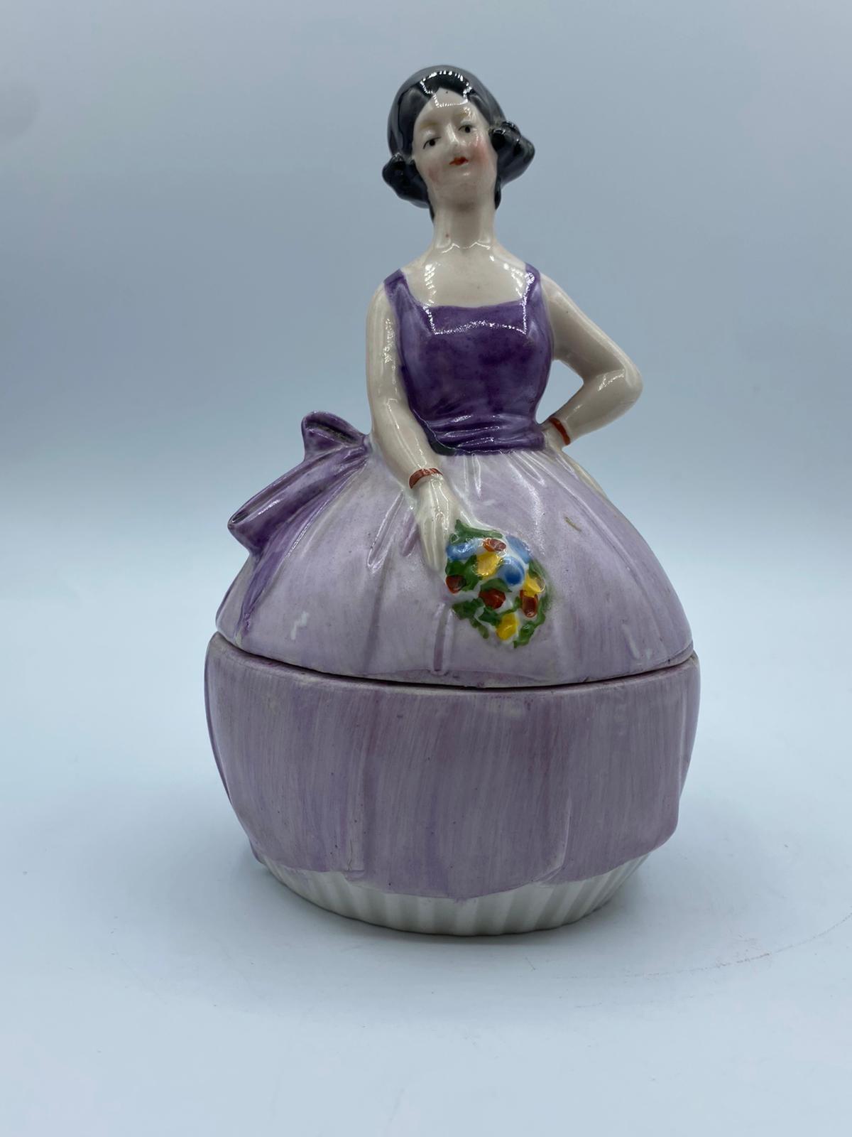 Vintage pair of Ceramic powder boxes in the form of ladies in orange and purple ballgown dresses - Image 13 of 20