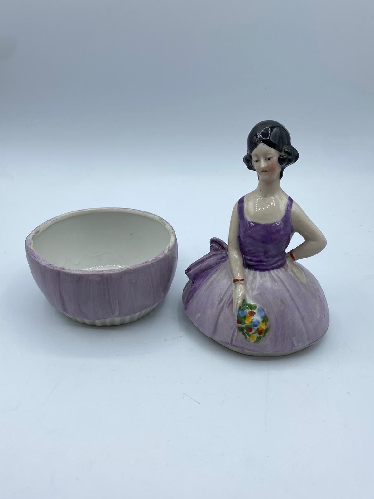 Vintage pair of Ceramic powder boxes in the form of ladies in orange and purple ballgown dresses - Image 7 of 20