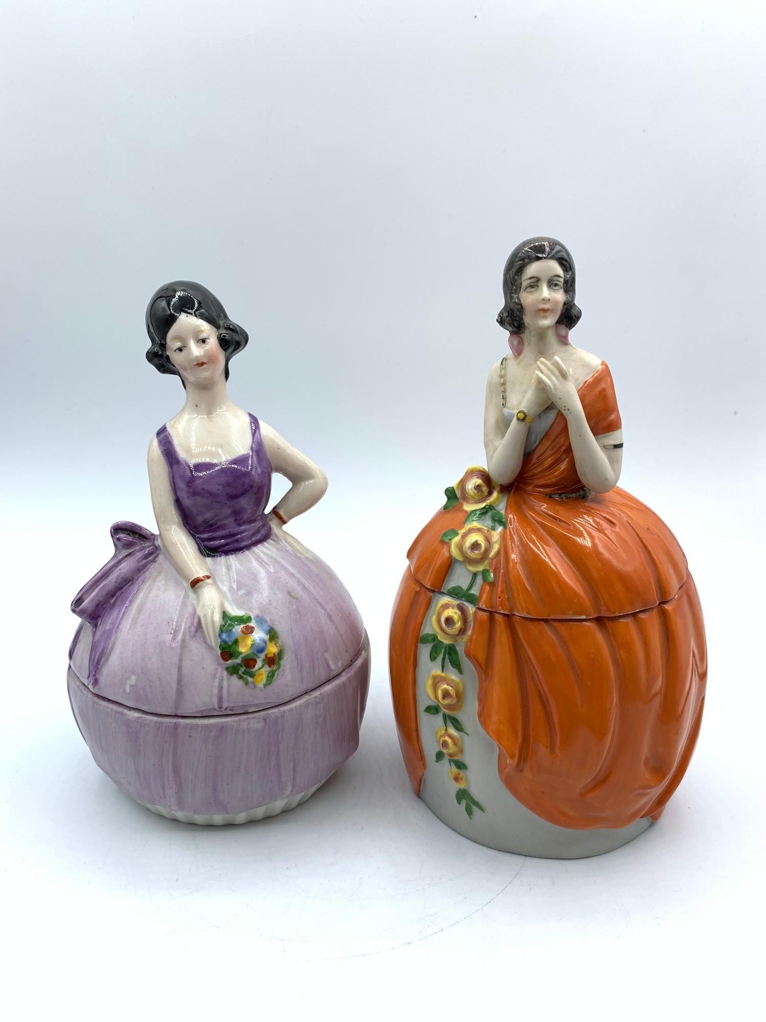 Vintage pair of Ceramic powder boxes in the form of ladies in orange and purple ballgown dresses - Image 3 of 20