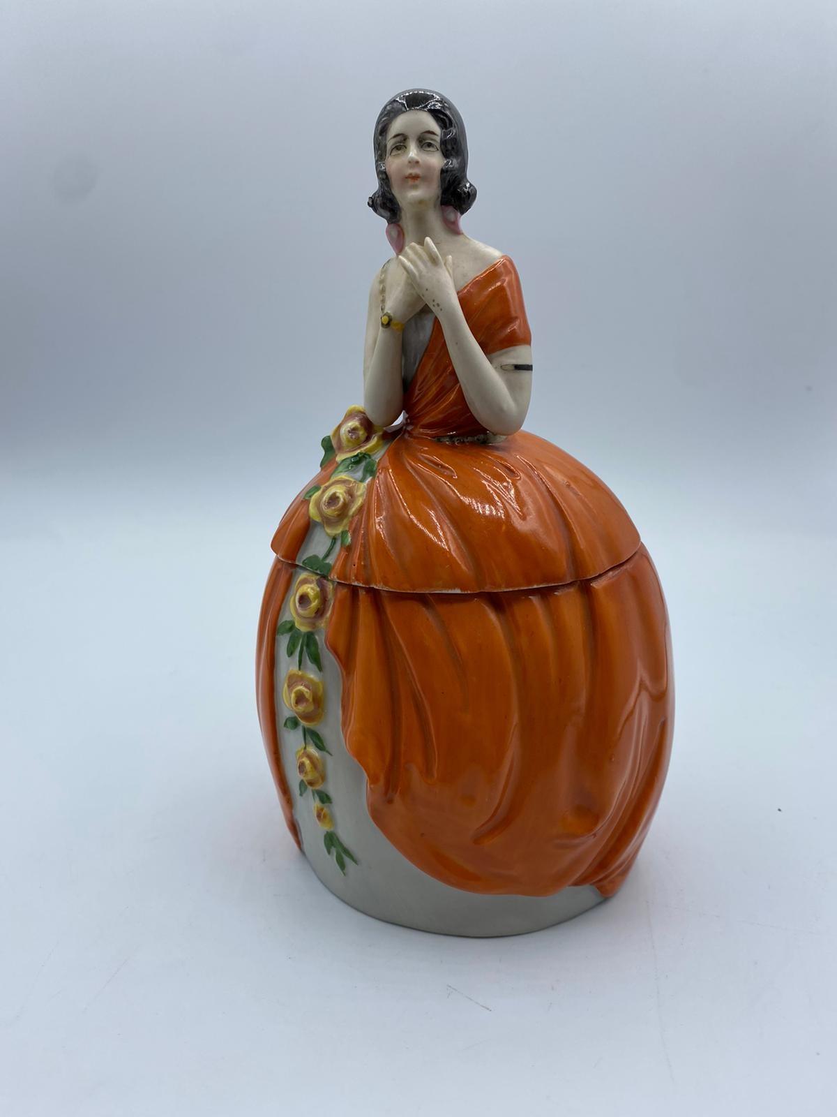 Vintage pair of Ceramic powder boxes in the form of ladies in orange and purple ballgown dresses - Image 11 of 20