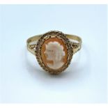 9ct yellow gold Cameo ring with full hallmark inside band , size N and weight 1.9g approx