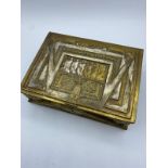 Unusual elaborate Egyptian style brass trinket or jewelry box. Engraved all over. Size 18cm x 13cm X