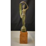 Bronzed naked lady on ball, marble base (corner damaged), H35cm x W6cm and weight 1.76kg approx