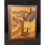 Vintage hand carved Marquetry Picture inlay on wooden board, 35cm x 28cm