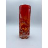 Italian style hand blown red glass case. Cylindrical vase with orange & white drizzle overlay 19cm H